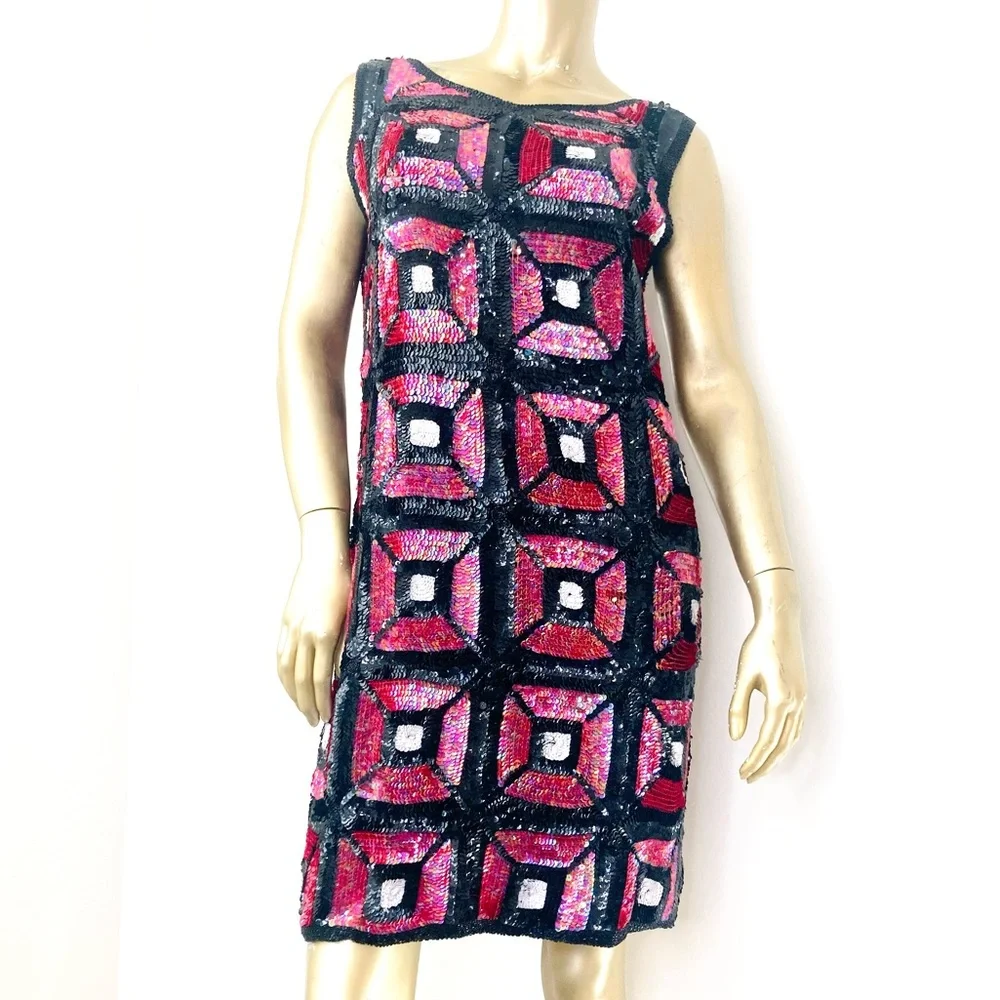 GORGEOUS 100% PURE SILK COLOR-BLOCK MOD/DECO VINTAGE SEQUIN SLEEVELESS DRESS L - Picture 1 of 10
